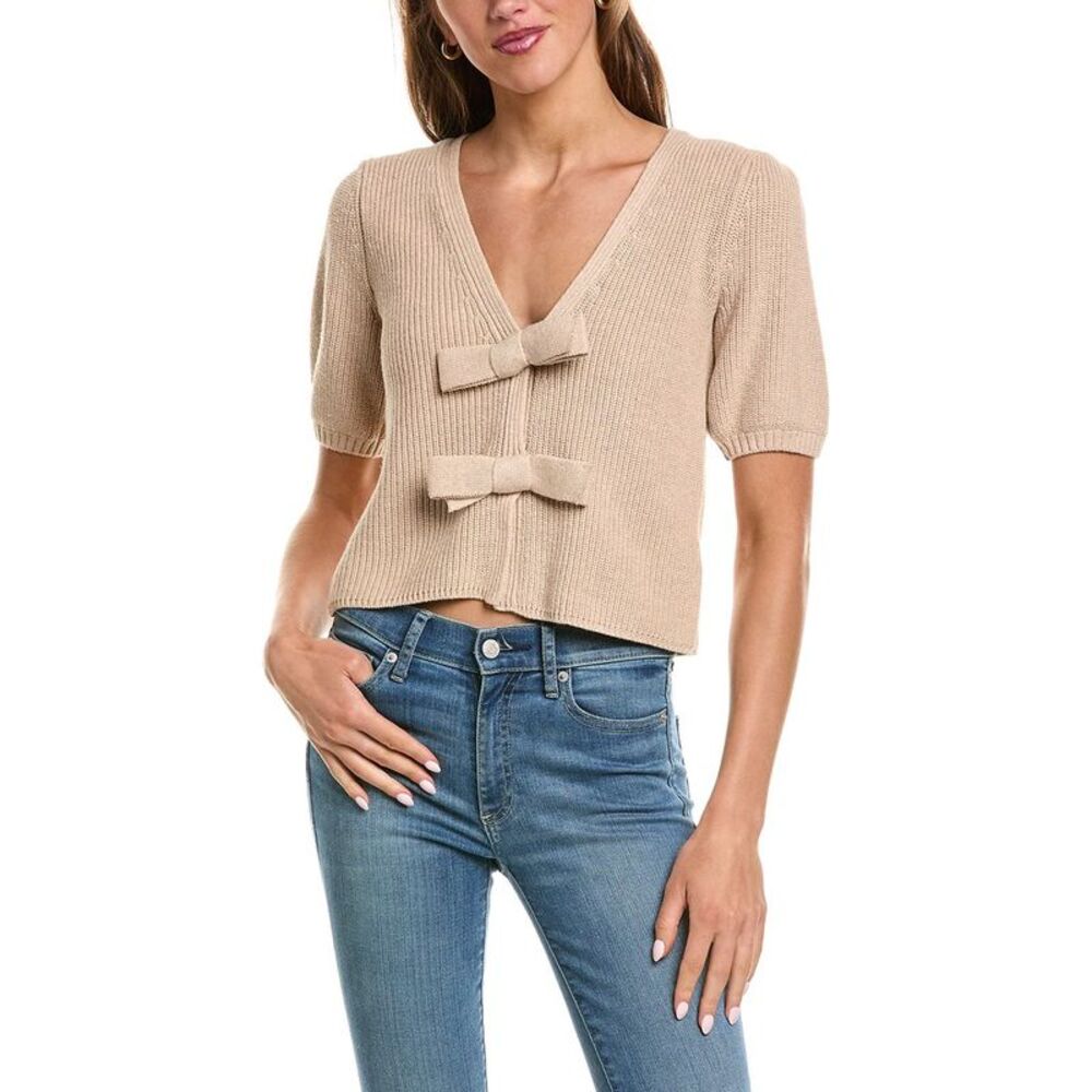 525 America Womens Shaker Puff Sleeve Bow Front Cardigan, Grey